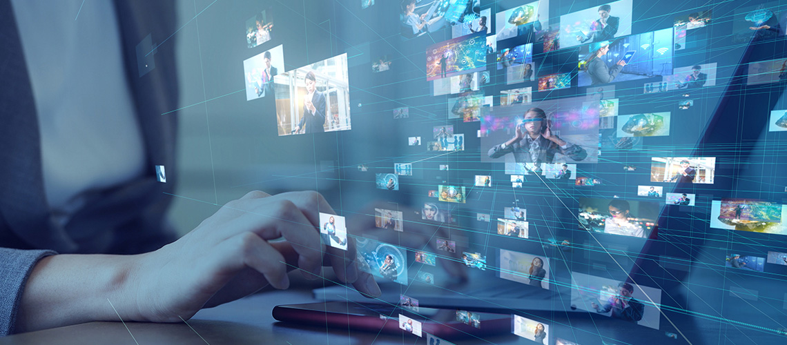 Social networking service concept. Streaming video. Video library, live video streaming.